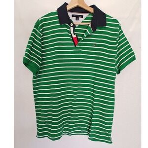 Tommy Hilfiger Polo Shirt Cotton Green White Striped Large L Retro Prep Y2K
